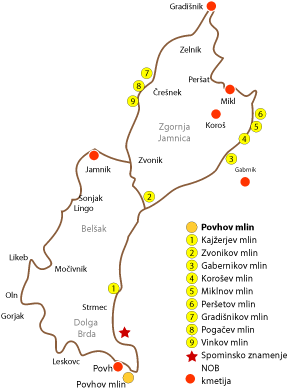 Zemljevid Mlinarske poti — Povhov mlin, Jamnica, Belšak
